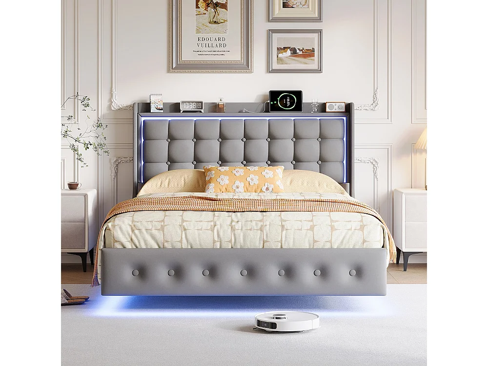 Lit flottant 160 x 200 cm - avec éclairage LED et fonction de charge USB - Lit rembourré en velours - gris
