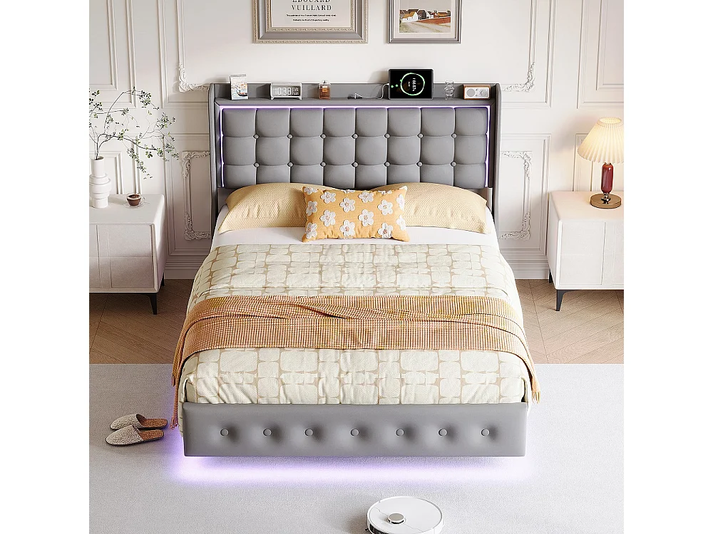 Lit flottant 160 x 200 cm - avec éclairage LED et fonction de charge USB - Lit rembourré en velours - gris