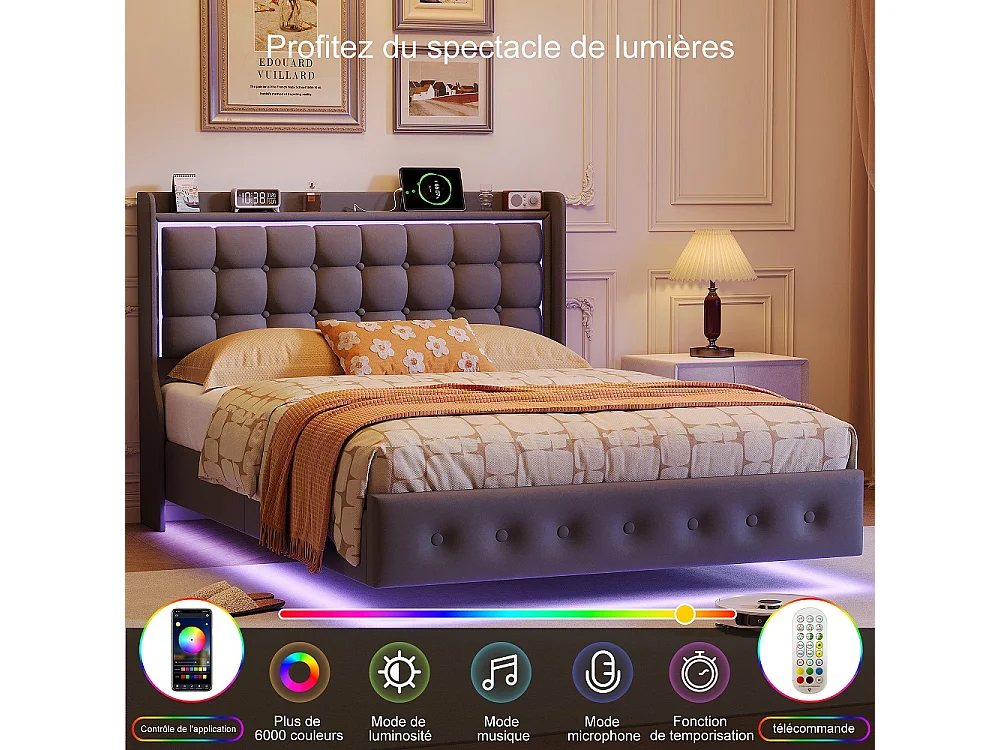 Lit flottant 160 x 200 cm - avec éclairage LED et fonction de charge USB - Lit rembourré en velours - gris