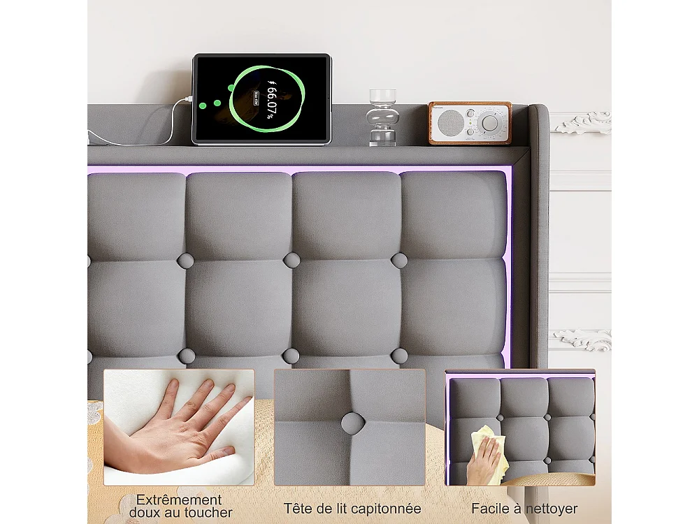 Lit flottant 160 x 200 cm - avec éclairage LED et fonction de charge USB - Lit rembourré en velours - gris