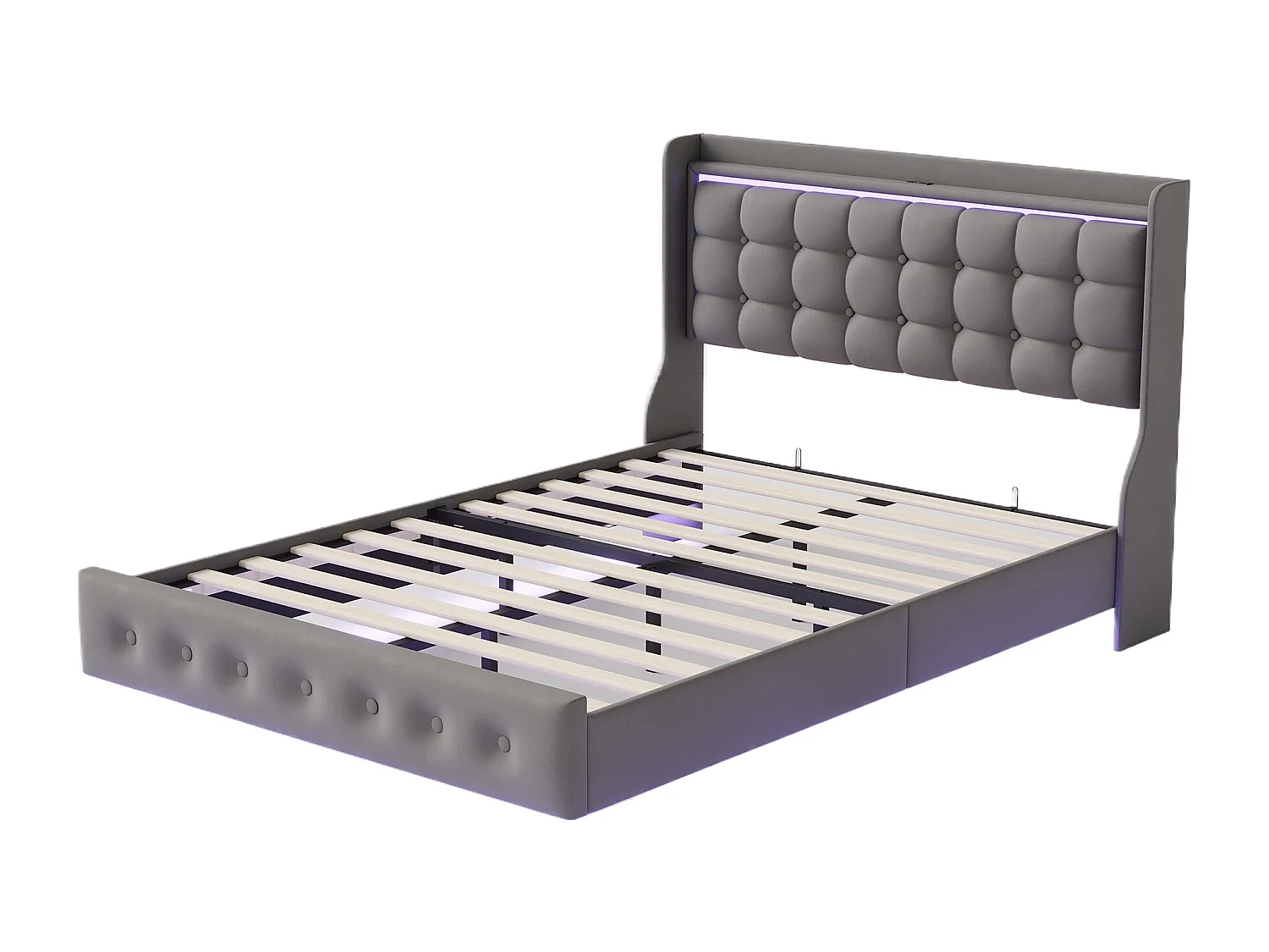 Lit flottant 160 x 200 cm - avec éclairage LED et fonction de charge USB - Lit rembourré en velours - gris
