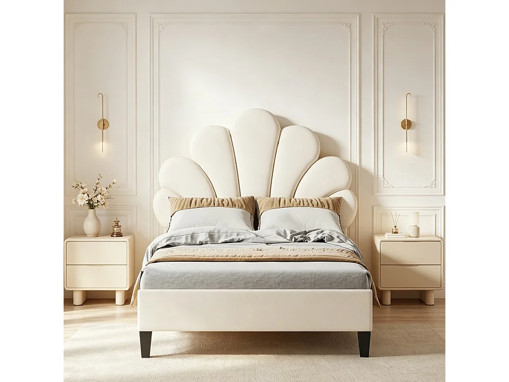 Lit de princesse - 90 x 200 cm - Tête en forme de fleur - Tissu de velours beige