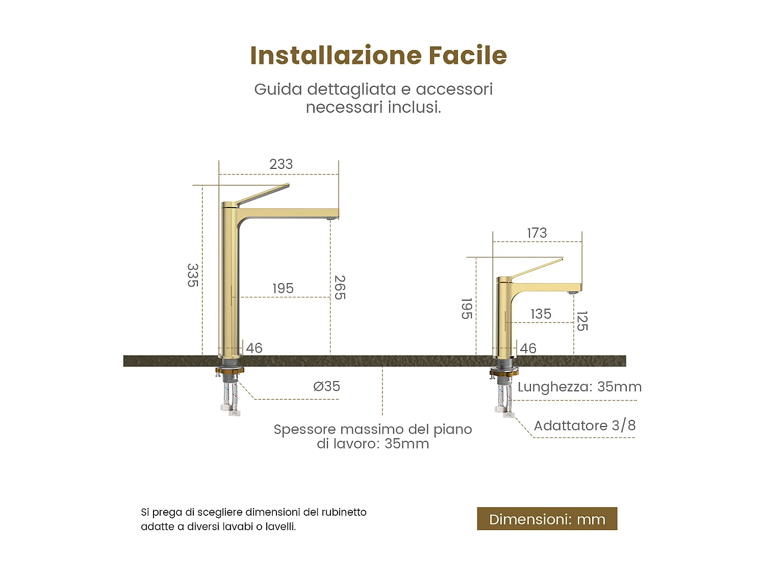 EMKE wastafelkraan badkamer mengkraan messing keramisch binnenwerk champagne goud H.19,5 cm