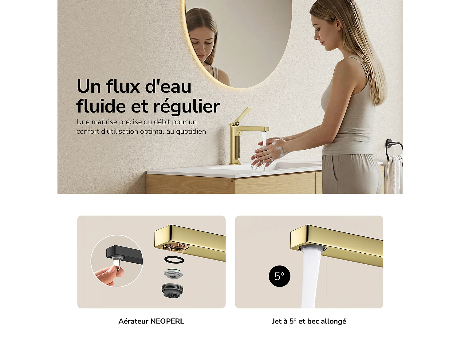 EMKE Rubinetto lavabo bagno miscelatore monocomando in ottone cartuccia ceramica oro champagne H.19,5 cm