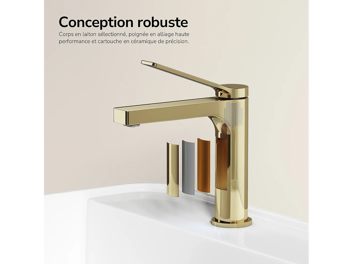 EMKE Rubinetto lavabo bagno miscelatore monocomando in ottone cartuccia ceramica oro champagne H.19,5 cm
