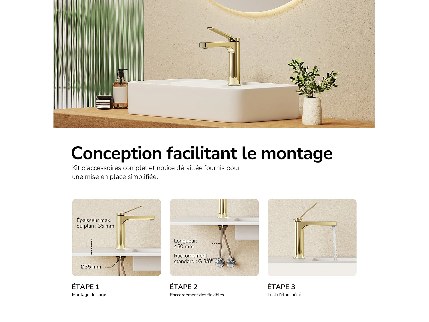 EMKE Rubinetto lavabo bagno miscelatore monocomando in ottone cartuccia ceramica oro champagne H.19,5 cm