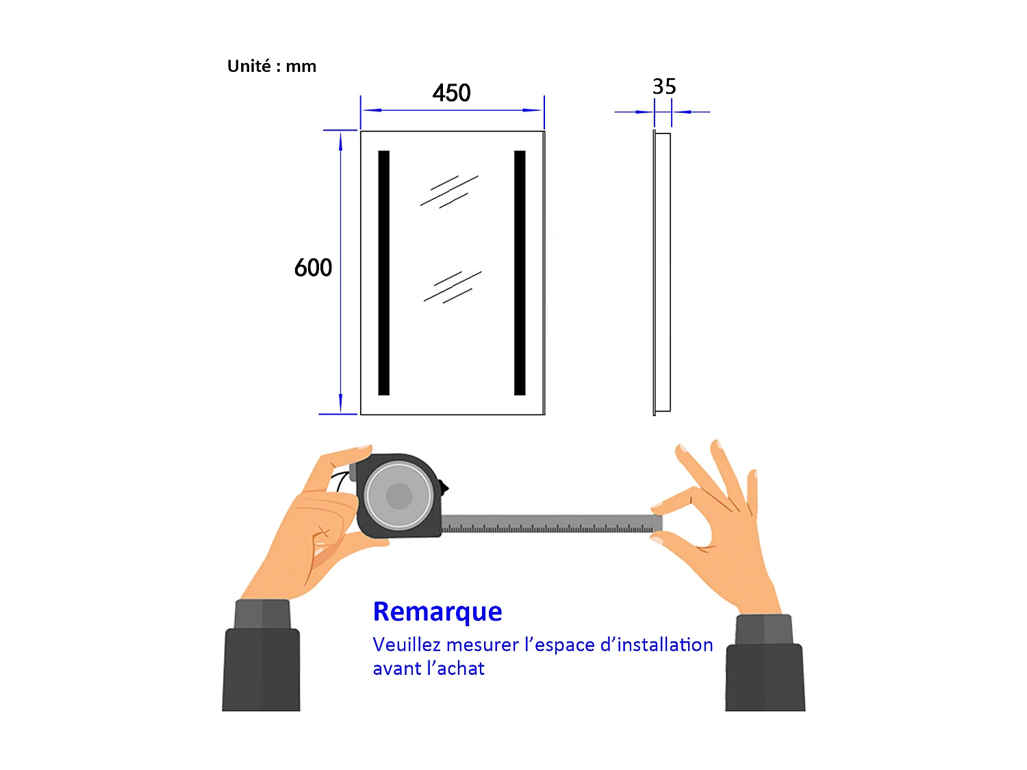 EMKE Miroir lumineux salle de bain 45x60cm, Miroir LED salle de bain, Miroir avec l'éclairage, Lumière blanche froide