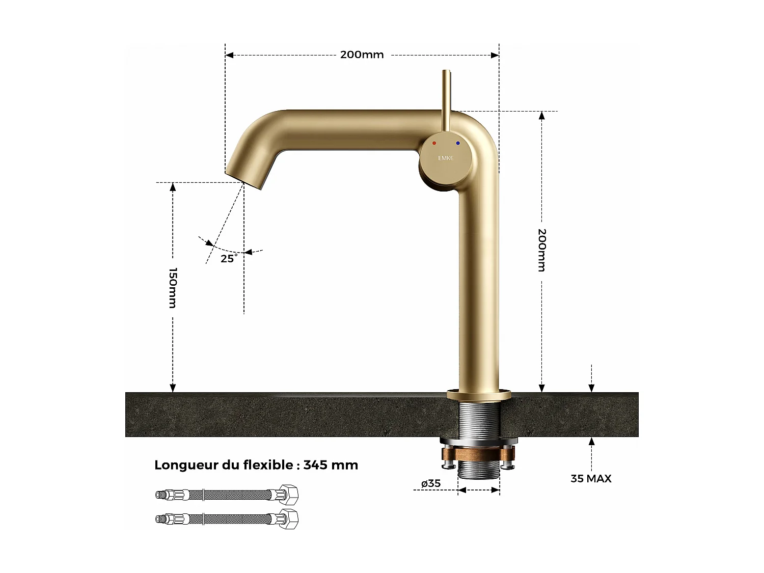 EMKE design wastafelkraan mengkraan messing keramisch binnenwerk champagne goud H.22,2 cm