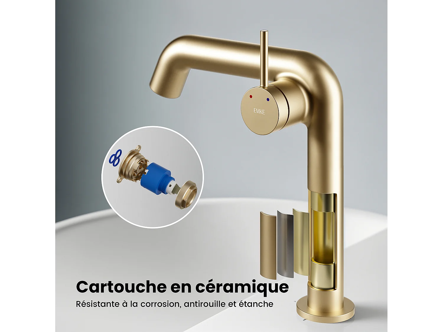 EMKE design wastafelkraan mengkraan messing keramisch binnenwerk champagne goud H.22,2 cm