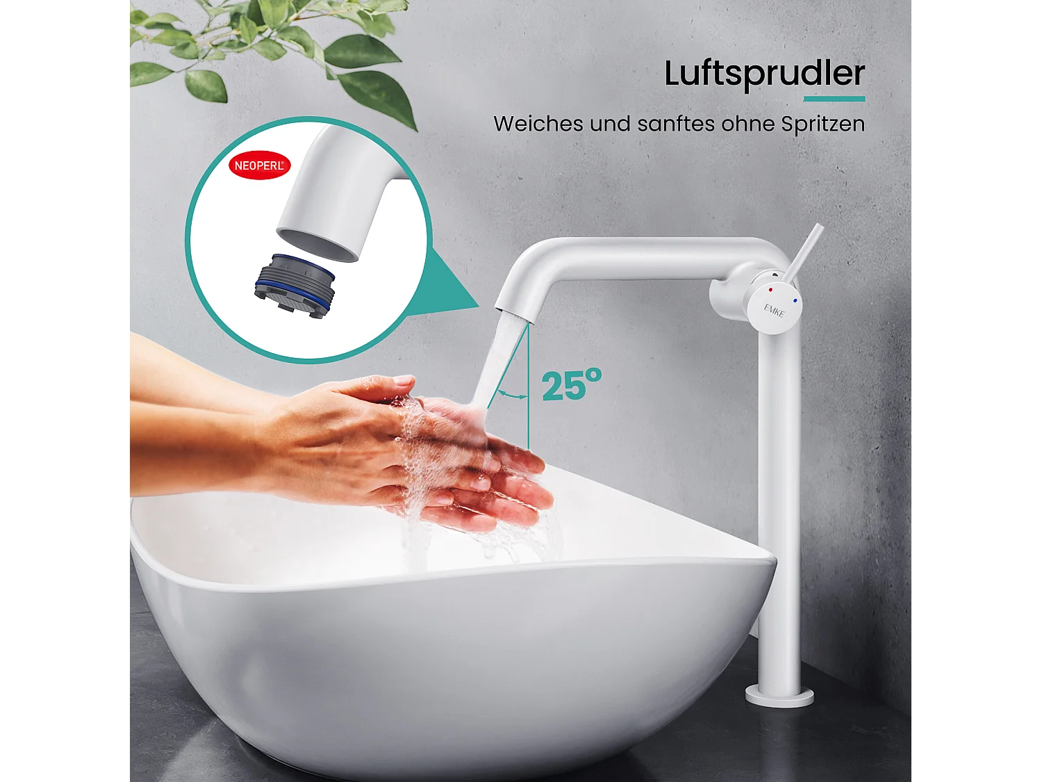 EMKE Mitigeur de lavabo haut design blanc mat en laiton avec cartouche céramique H.33,2x22 cm