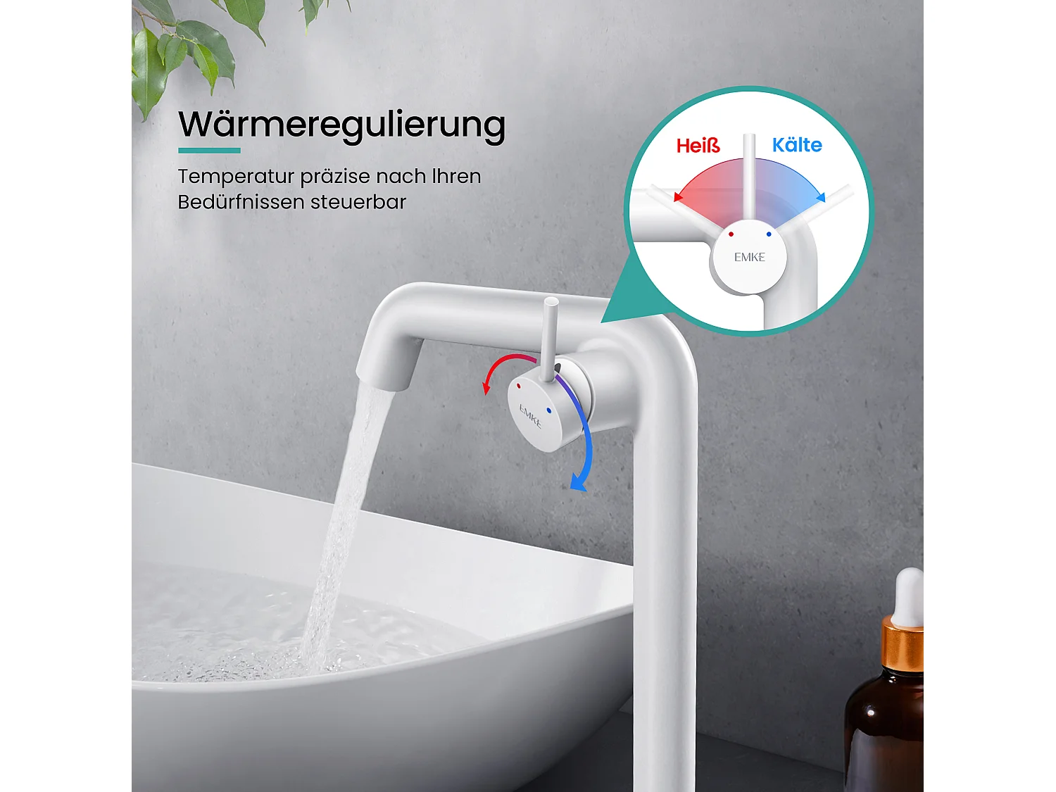 EMKE Mitigeur de lavabo haut design blanc mat en laiton avec cartouche céramique H.33,2x22 cm