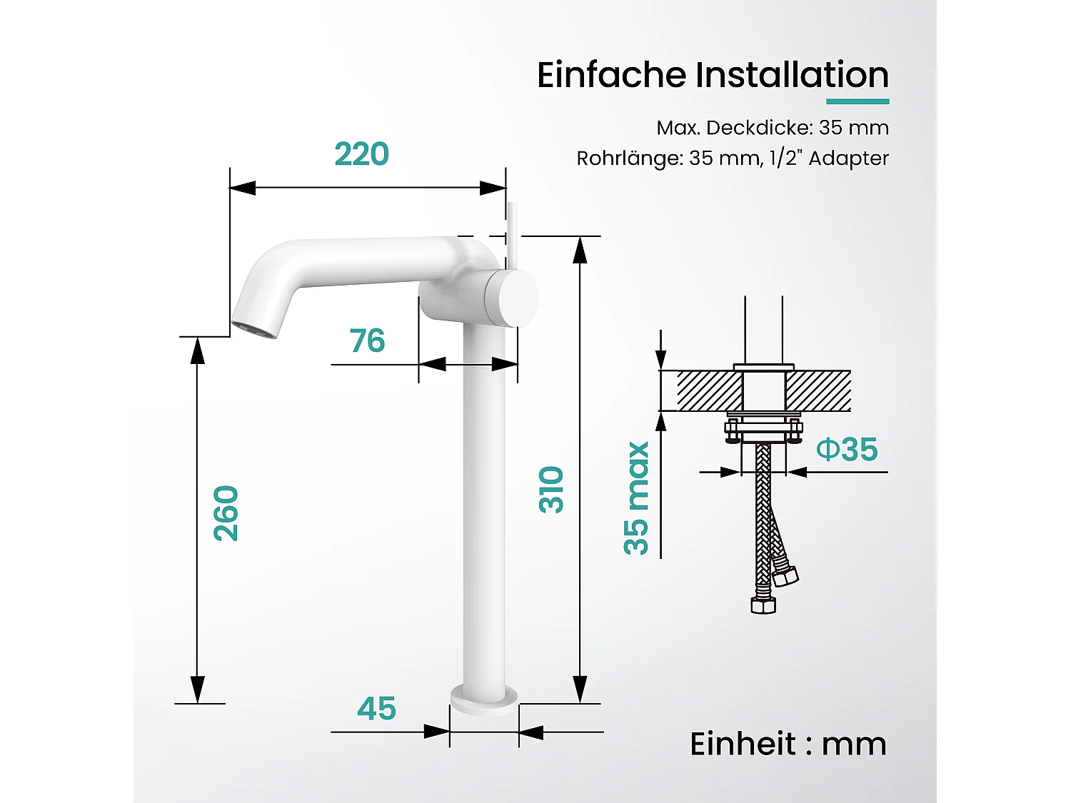EMKE Mitigeur de lavabo haut design blanc mat en laiton avec cartouche céramique H.33,2x22 cm