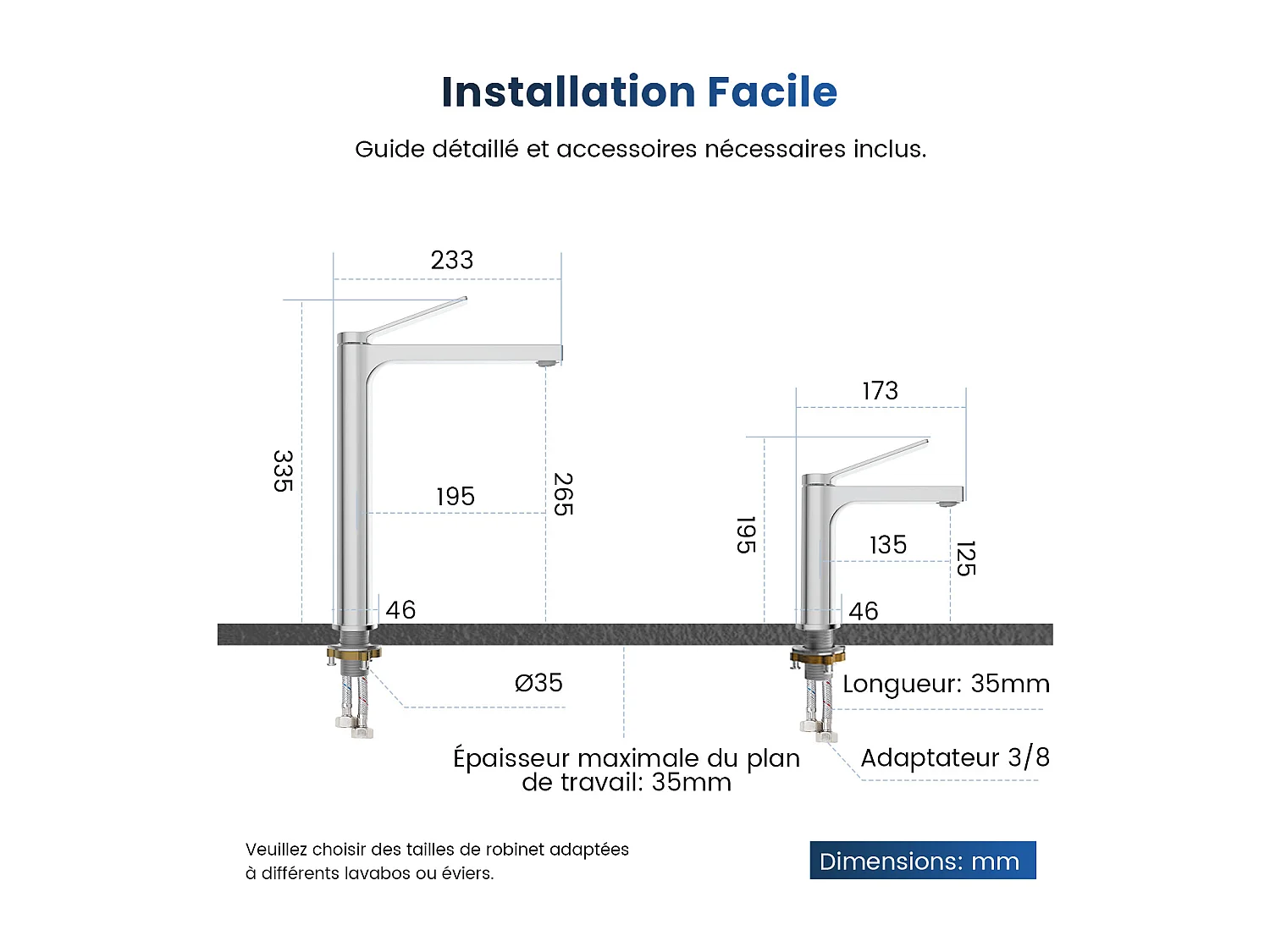 EMKE Mitigeur de lavabo haut salle de bain chromé cartouche céramique laiton H.33,5 x L.23,3 cm