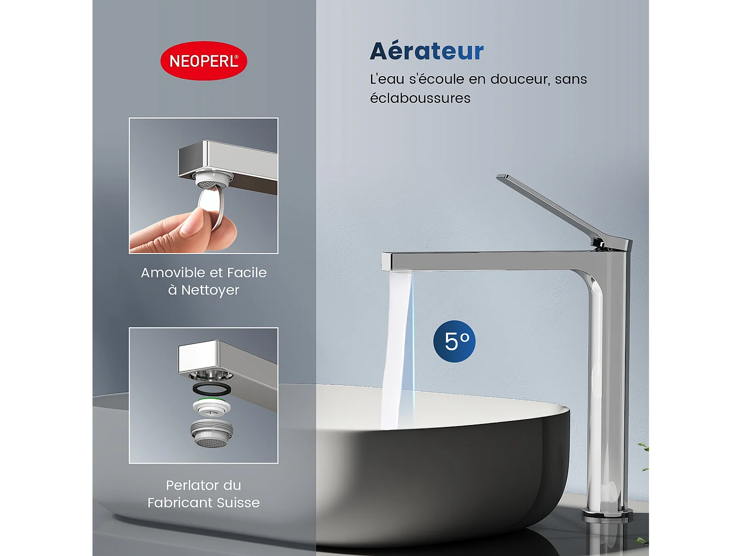 EMKE Mitigeur de lavabo haut salle de bain chromé cartouche céramique laiton H.33,5 x L.23,3 cm