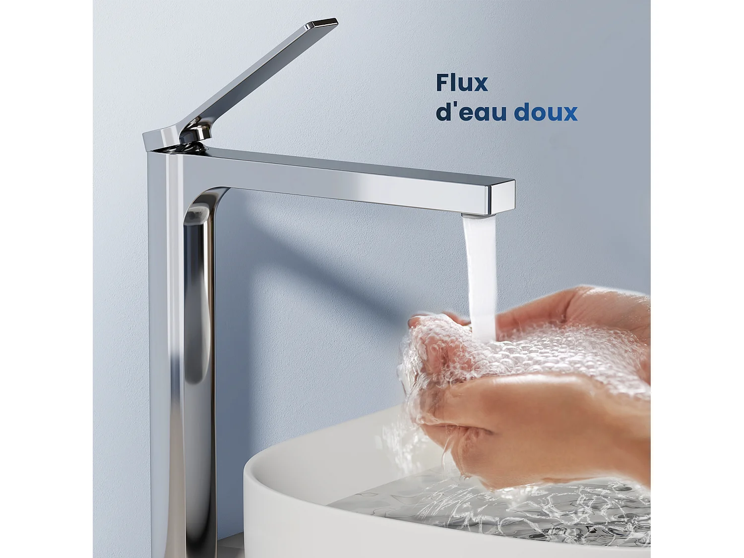 EMKE Mitigeur de lavabo haut salle de bain chromé cartouche céramique laiton H.33,5 x L.23,3 cm