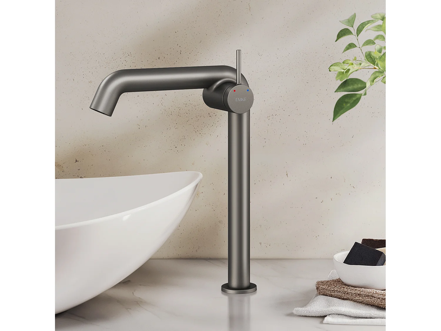 EMKE Mitigeur de lavabo haut design anthracite en laiton avec cartouche céramique H.33,2x22 cm