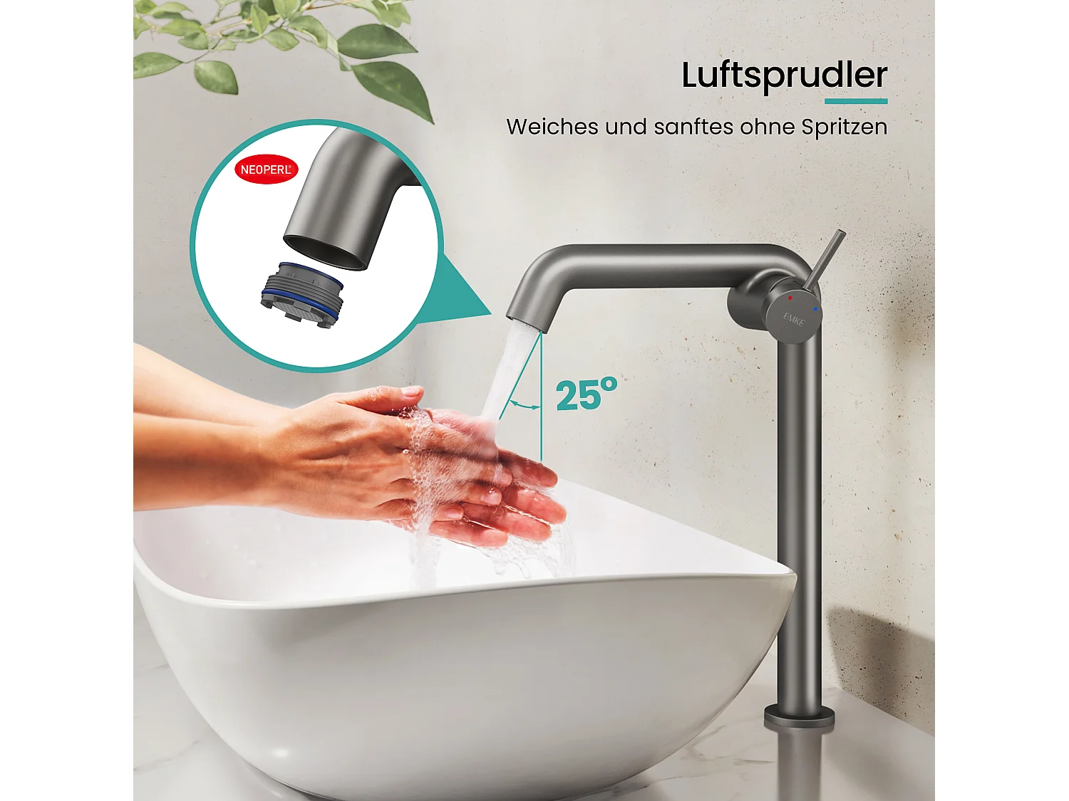 EMKE Mitigeur de lavabo haut design anthracite en laiton avec cartouche céramique H.33,2x22 cm