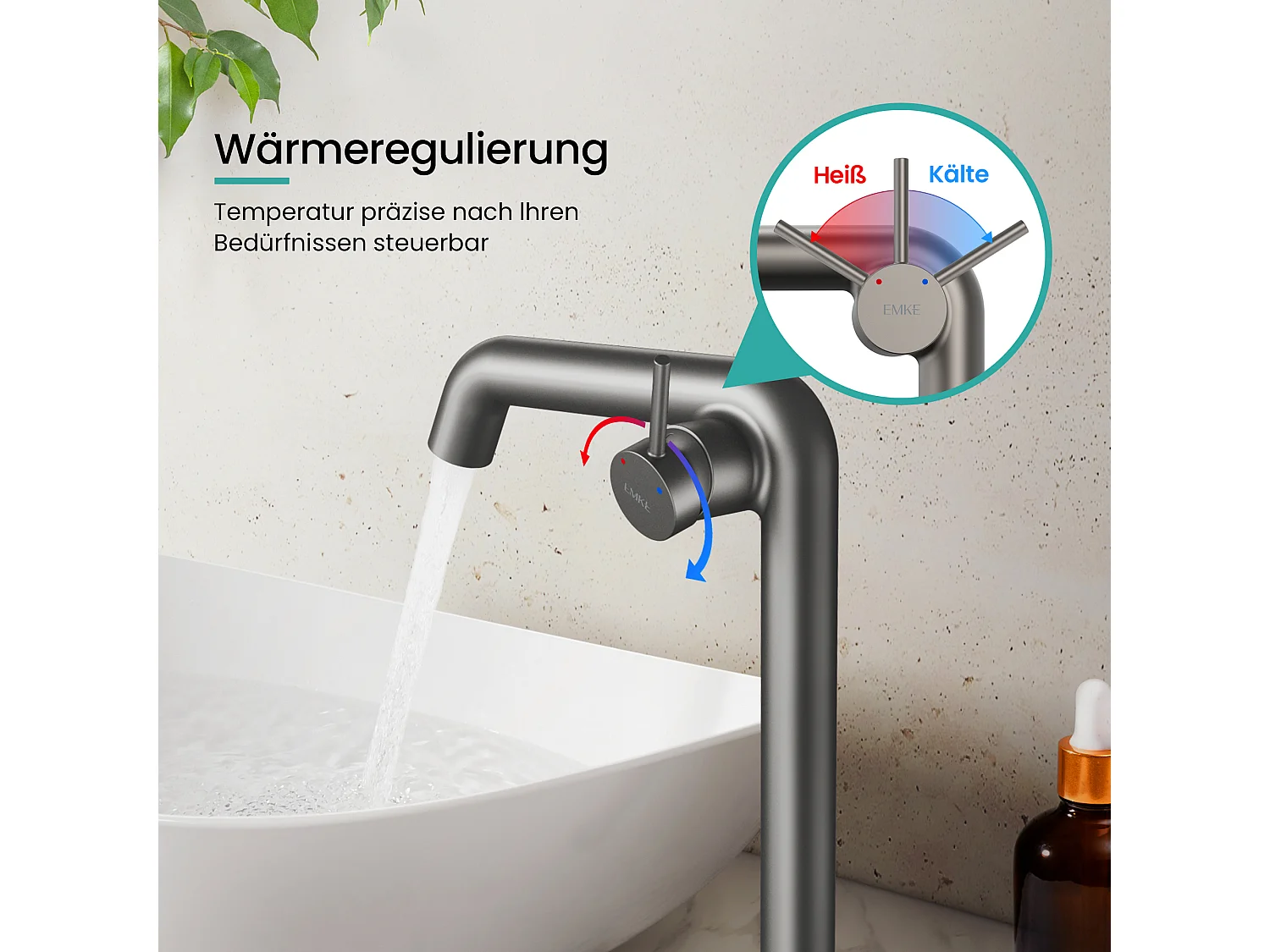 EMKE Mitigeur de lavabo haut design anthracite en laiton avec cartouche céramique H.33,2x22 cm