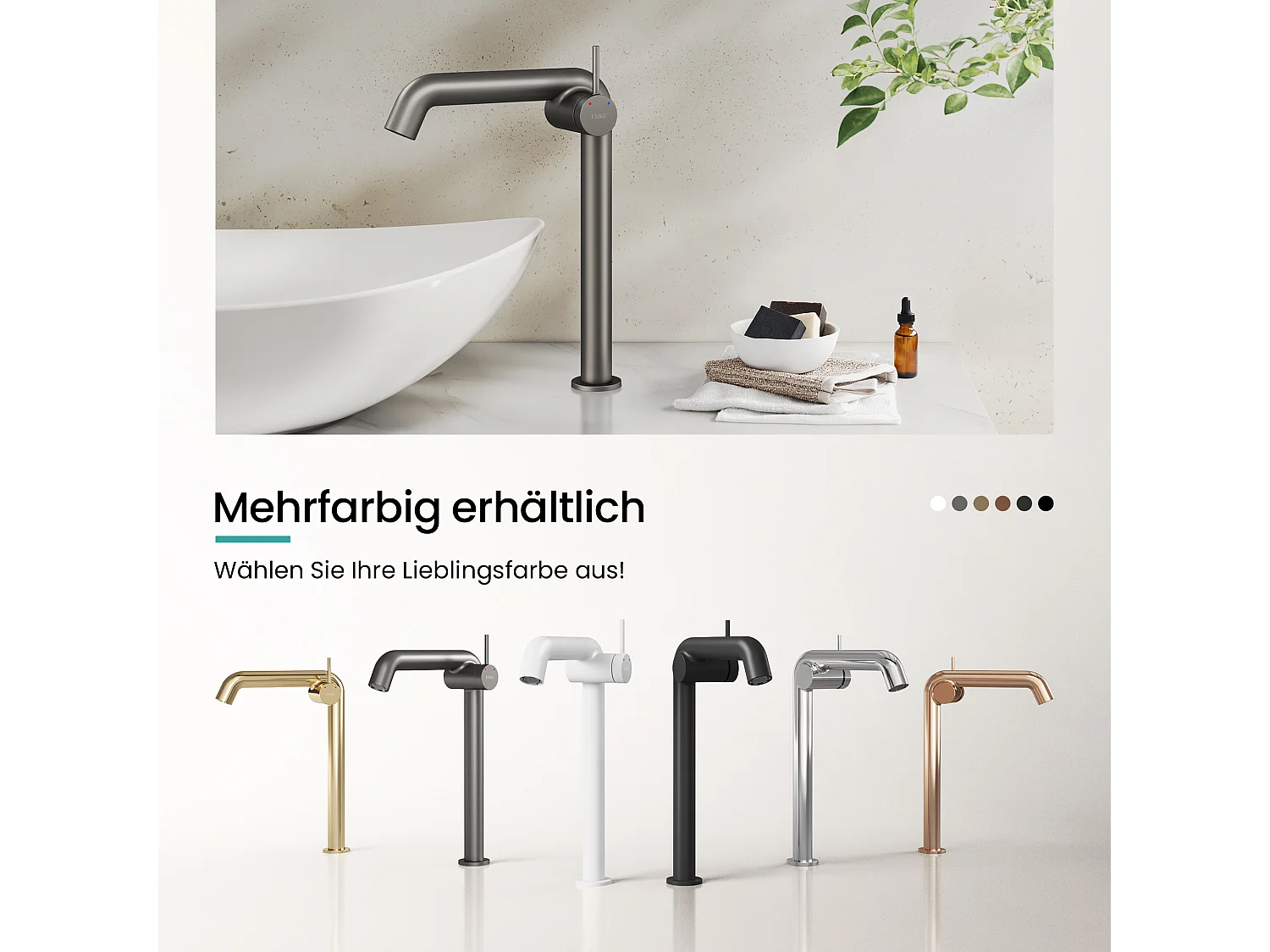 EMKE Mitigeur de lavabo haut design anthracite en laiton avec cartouche céramique H.33,2x22 cm