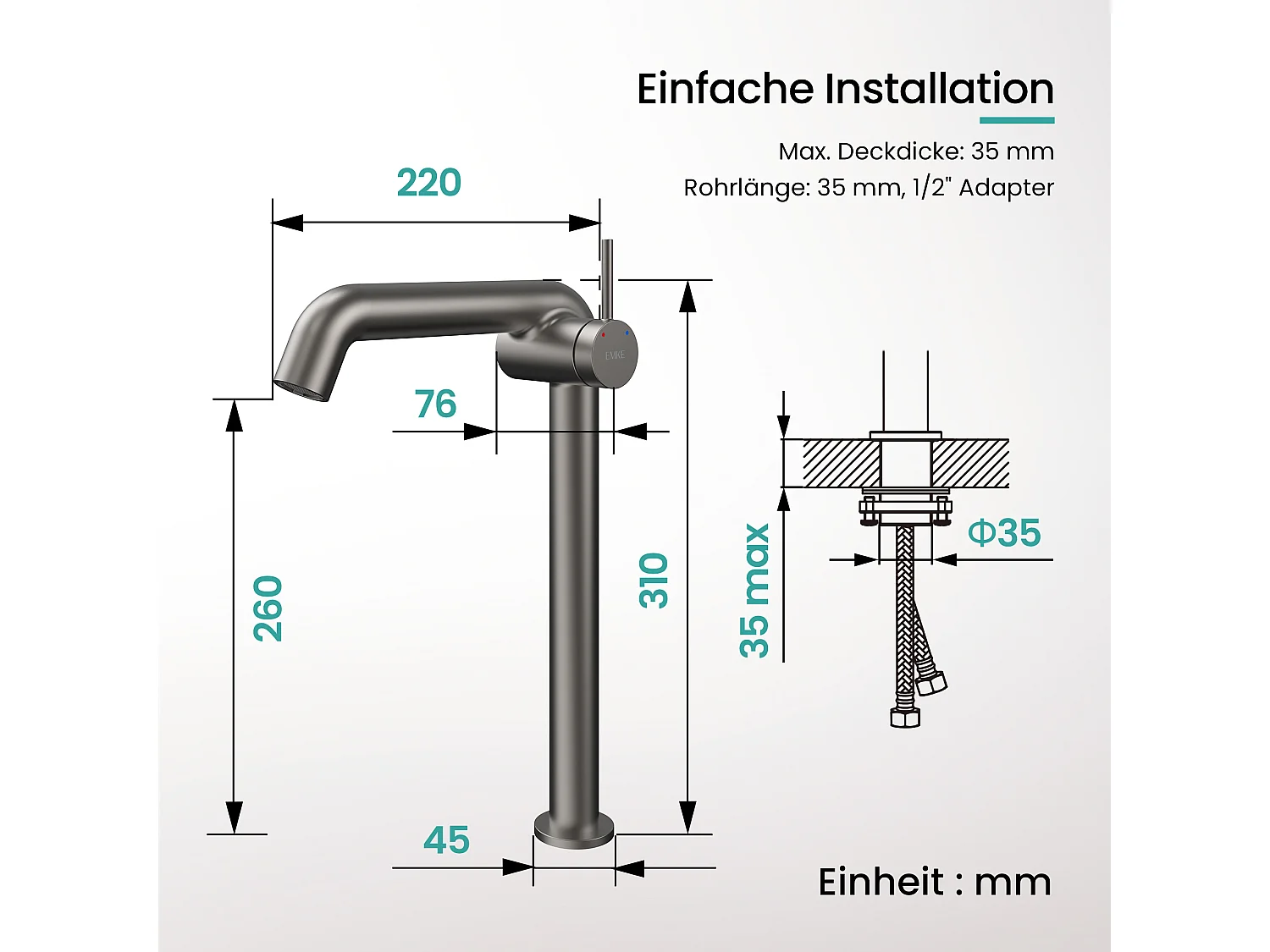 EMKE Mitigeur de lavabo haut design anthracite en laiton avec cartouche céramique H.33,2x22 cm