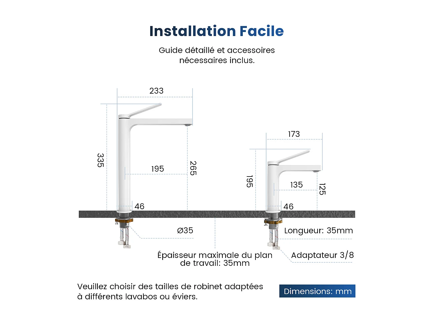 EMKE Mitigeur de lavabo haut salle de bain blanc mat cartouche céramique laiton H.33,5 x L.23,3 cm
