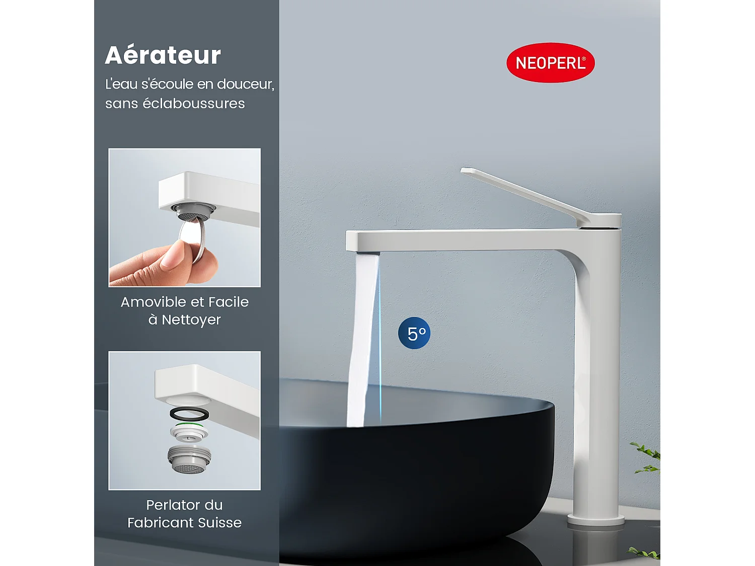 EMKE Mitigeur de lavabo haut salle de bain blanc mat cartouche céramique laiton H.33,5 x L.23,3 cm