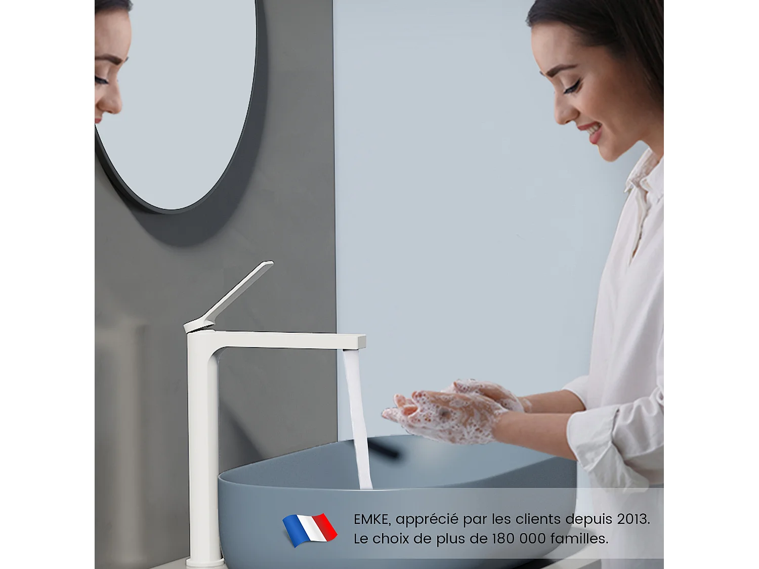 EMKE Mitigeur de lavabo haut salle de bain blanc mat cartouche céramique laiton H.33,5 x L.23,3 cm