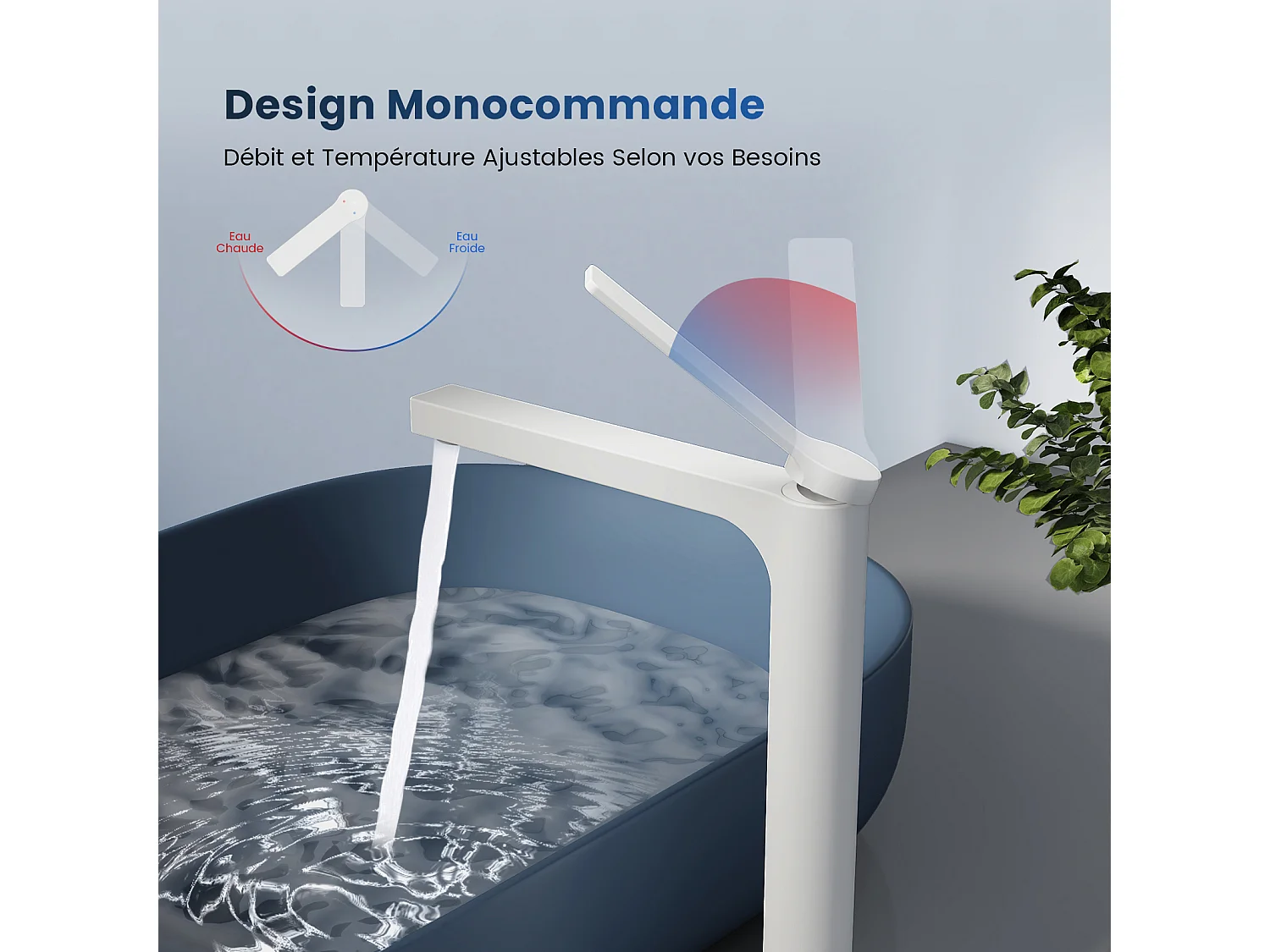 EMKE Mitigeur de lavabo haut salle de bain blanc mat cartouche céramique laiton H.33,5 x L.23,3 cm