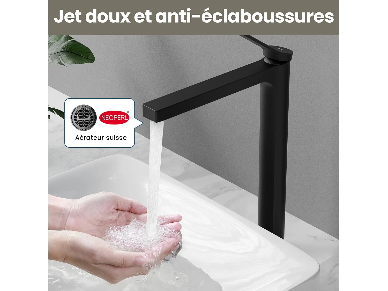 EMKE Mitigeur de lavabo haut salle de bain noir mat cartouche céramique laiton H.33,5 x L.23,3 cm