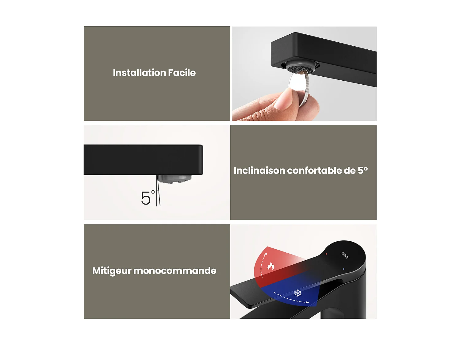 EMKE Mitigeur de lavabo haut salle de bain noir mat cartouche céramique laiton H.33,5 x L.23,3 cm