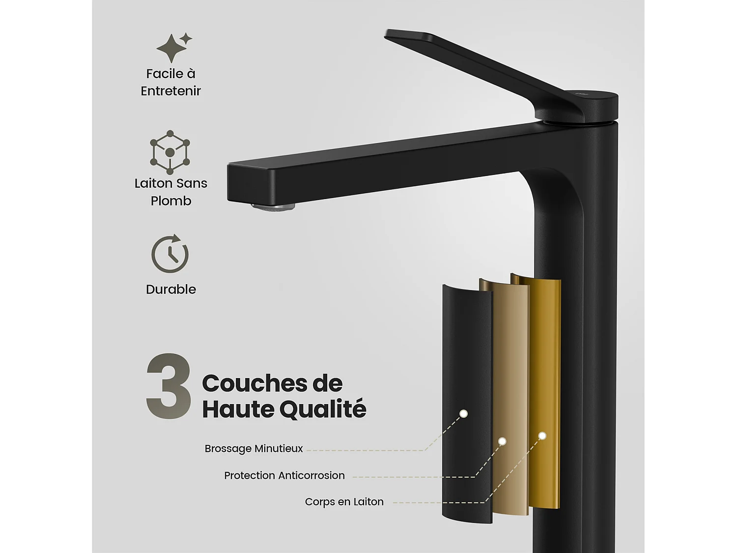 EMKE Mitigeur de lavabo haut salle de bain noir mat cartouche céramique laiton H.33,5 x L.23,3 cm