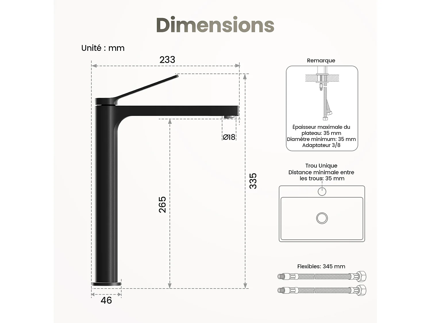 EMKE Mitigeur de lavabo haut salle de bain noir mat cartouche céramique laiton H.33,5 x L.23,3 cm