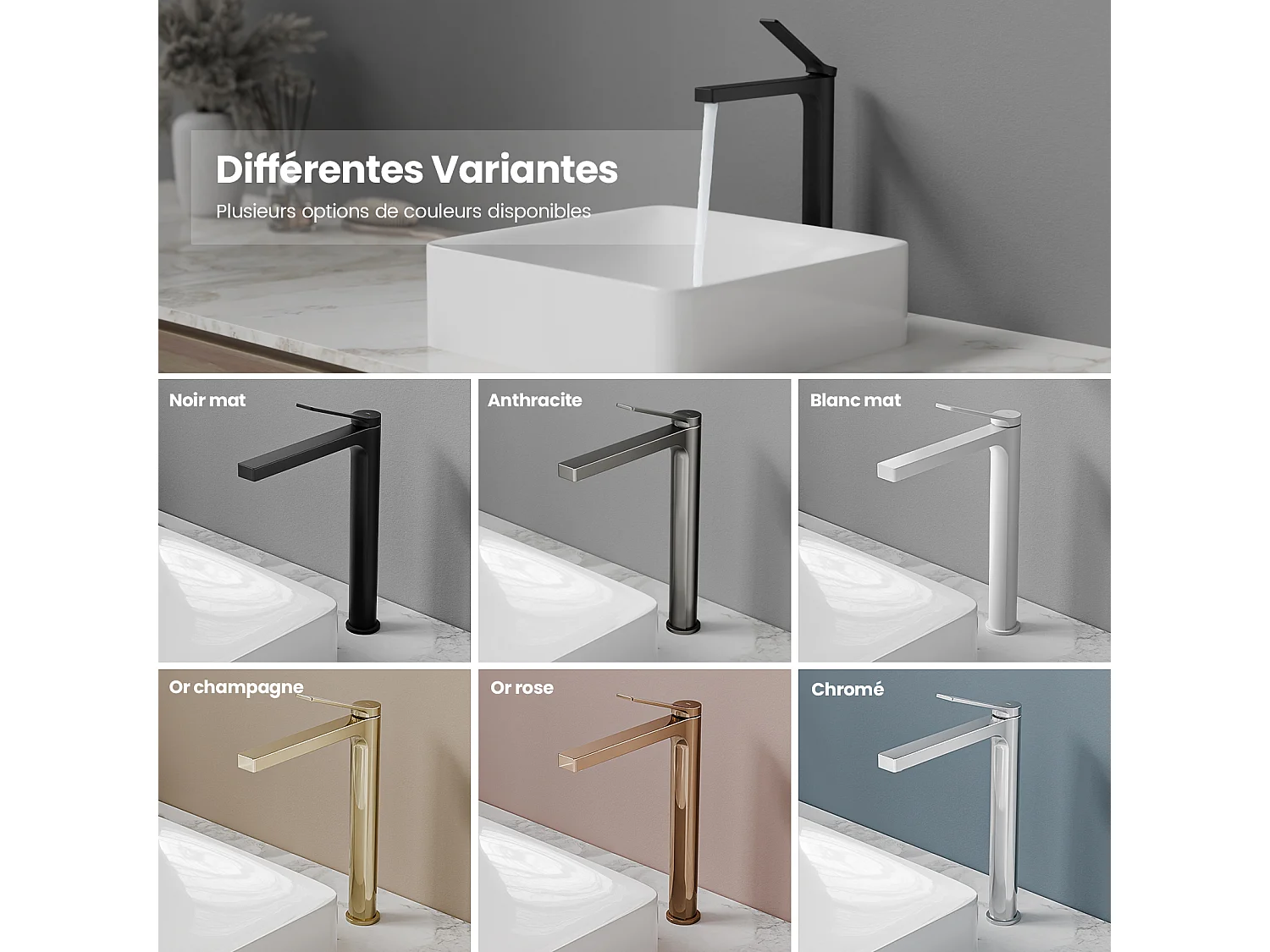 EMKE Mitigeur de lavabo haut salle de bain noir mat cartouche céramique laiton H.33,5 x L.23,3 cm