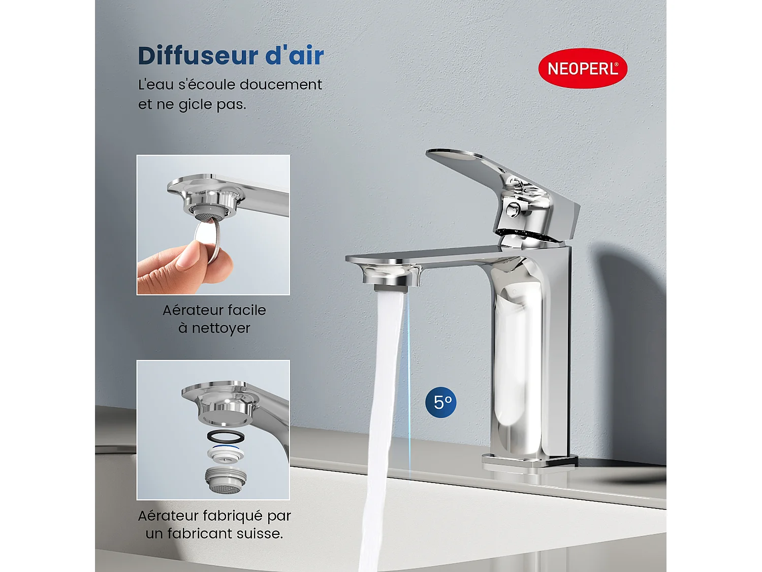 EMKE Mitigeur Lavabo Salle de Bain, 166 × 152 × 45 mm, Robinet en Laiton, Cartouche Céramique Haute Durabilité, Surface Chromée