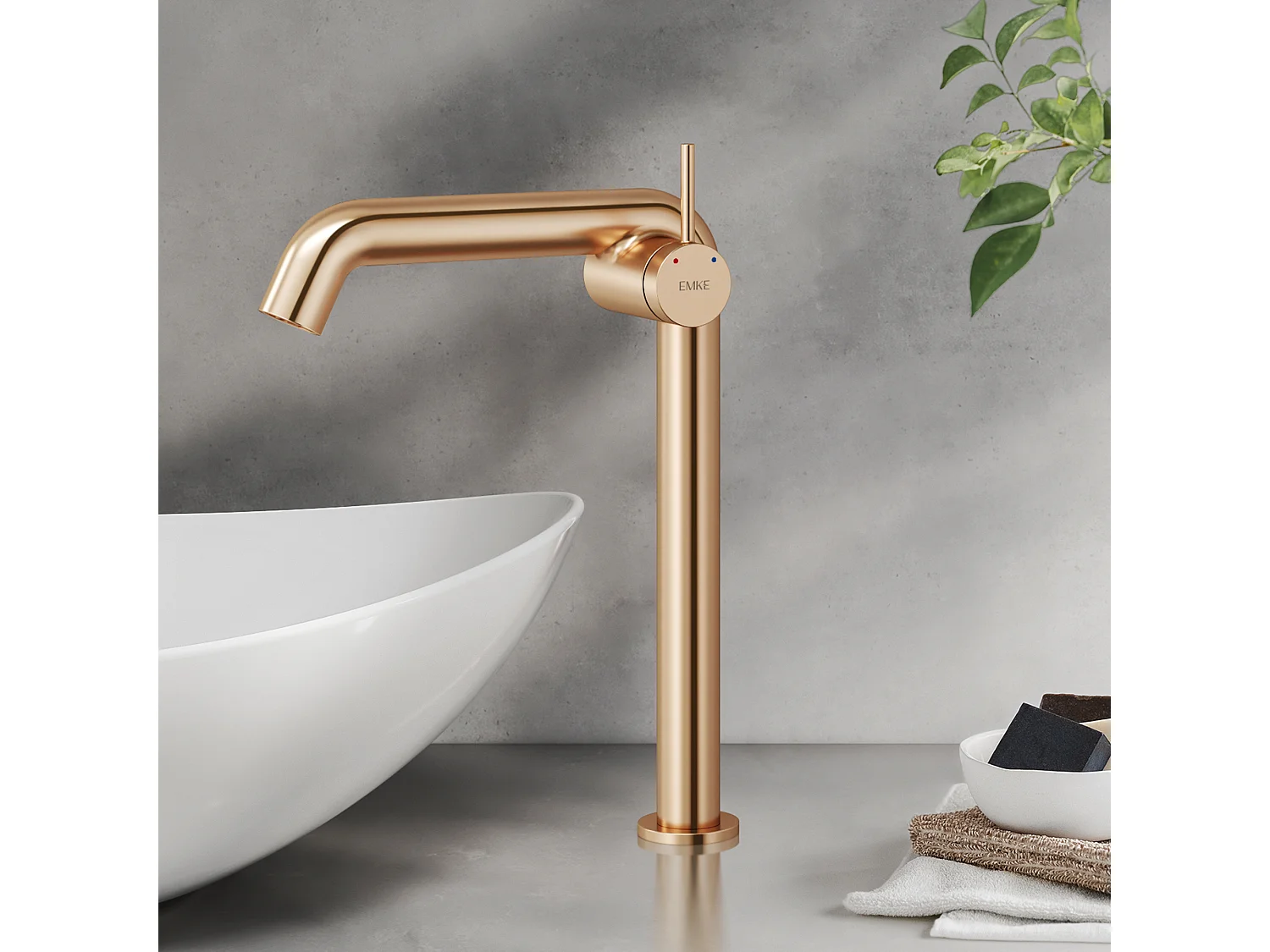 EMKE hoge design wastafelkraan voor opzetwastafel mengkraan messing keramisch binnenwerk roségoud H.33,2 cm