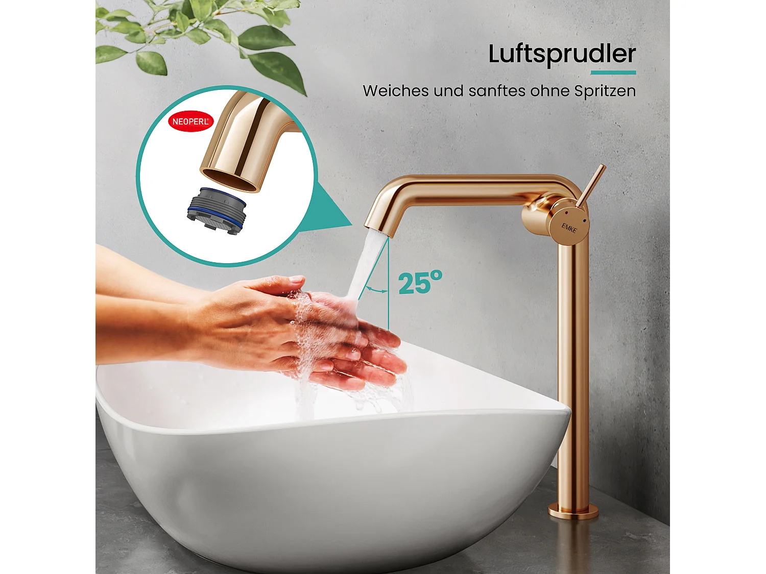 EMKE hoge design wastafelkraan voor opzetwastafel mengkraan messing keramisch binnenwerk roségoud H.33,2 cm