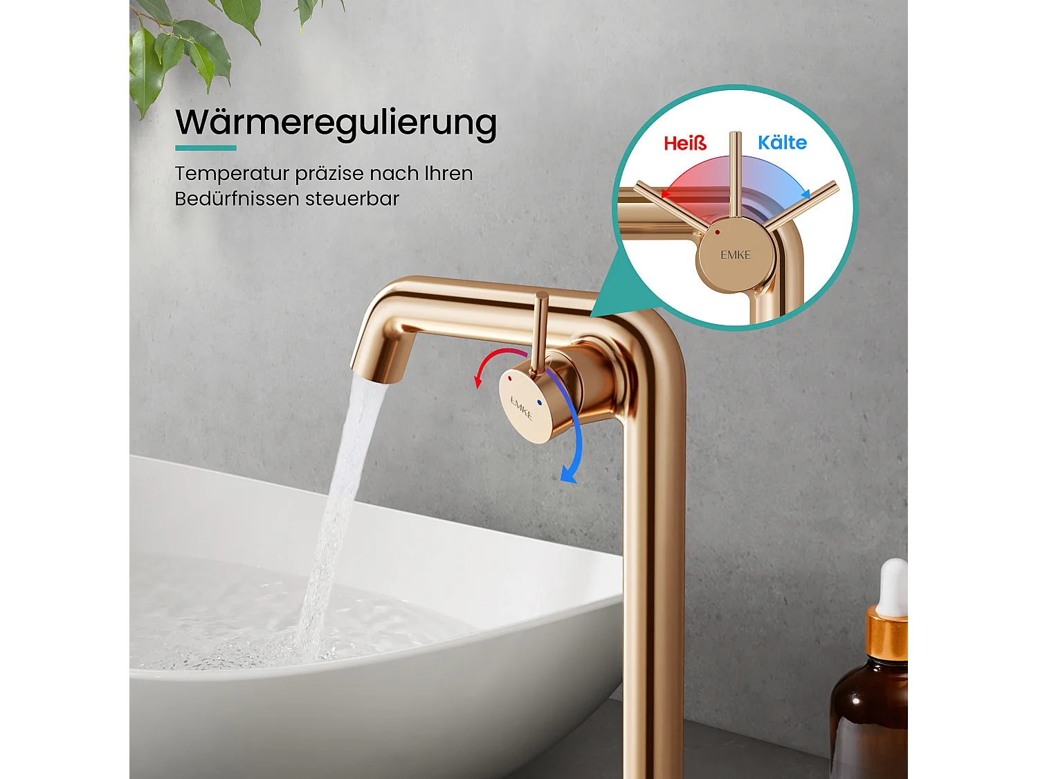 EMKE hoge design wastafelkraan voor opzetwastafel mengkraan messing keramisch binnenwerk roségoud H.33,2 cm