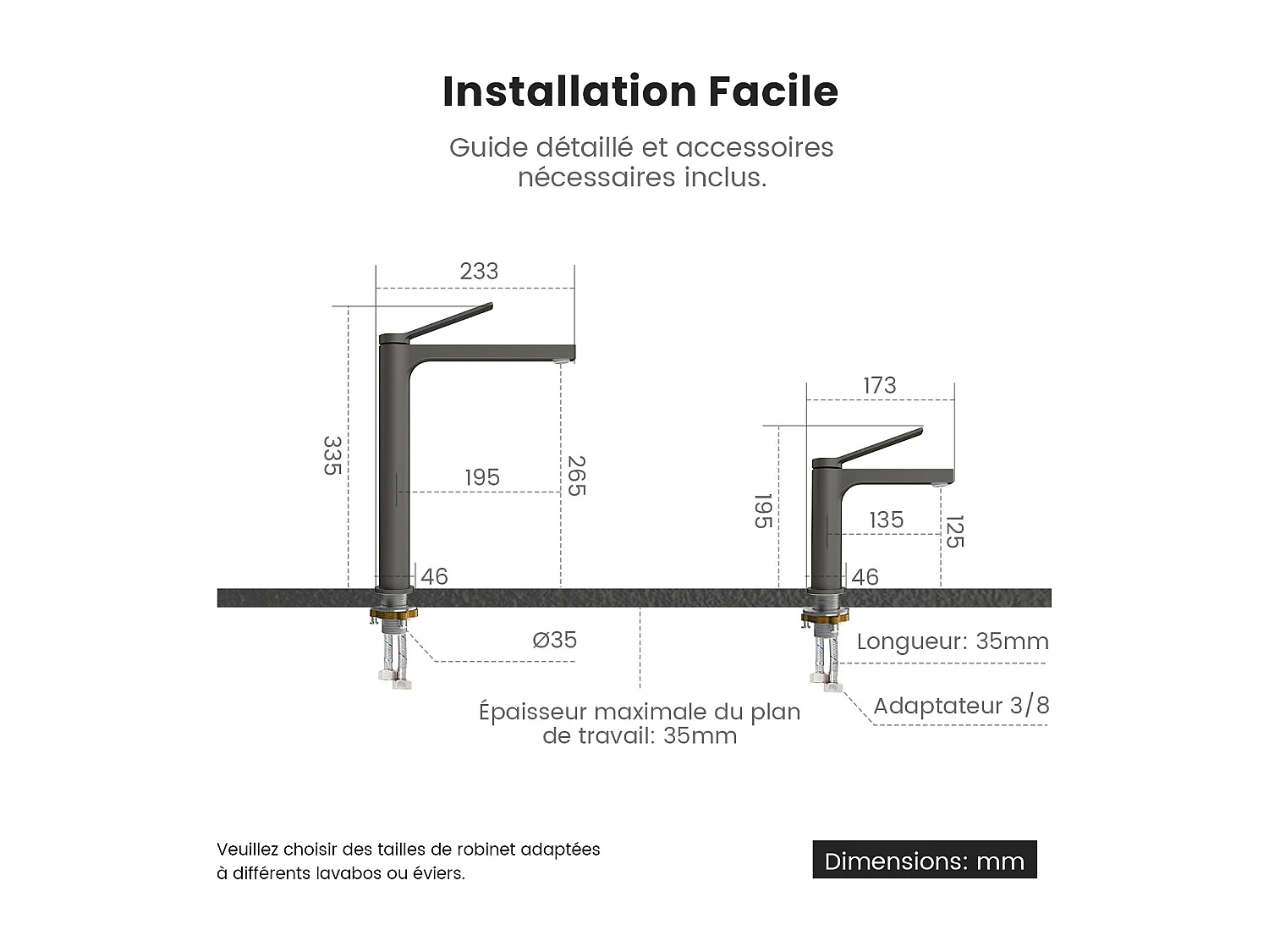 EMKE Mitigeur de lavabo haut salle de bain anthracite cartouche céramique laiton H.33,5 x L.23,3 cm