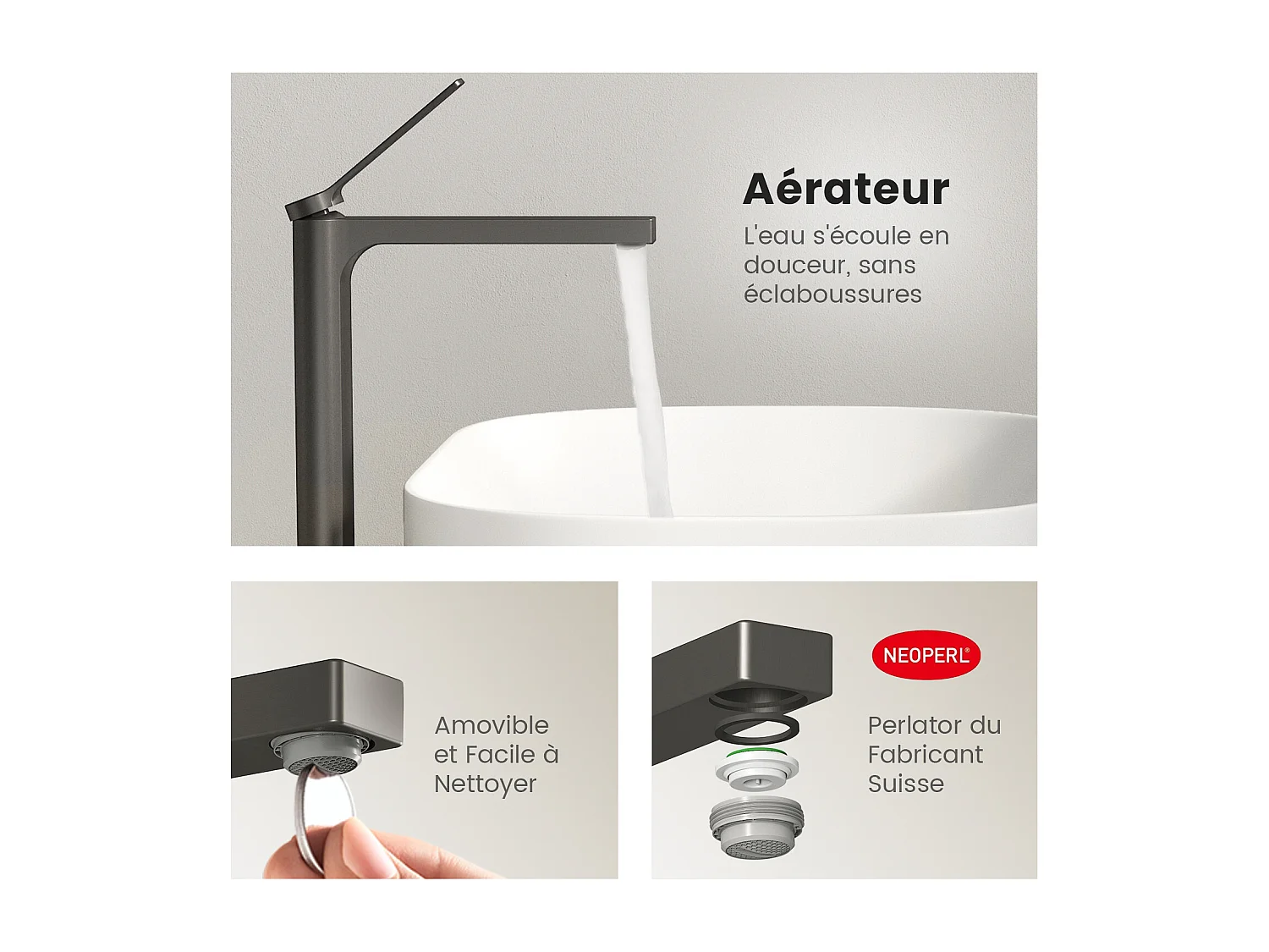 EMKE Mitigeur de lavabo haut salle de bain anthracite cartouche céramique laiton H.33,5 x L.23,3 cm