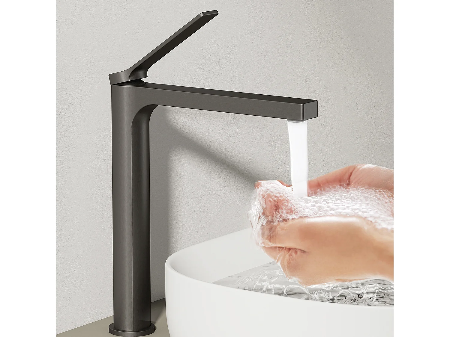 EMKE Mitigeur de lavabo haut salle de bain anthracite cartouche céramique laiton H.33,5 x L.23,3 cm