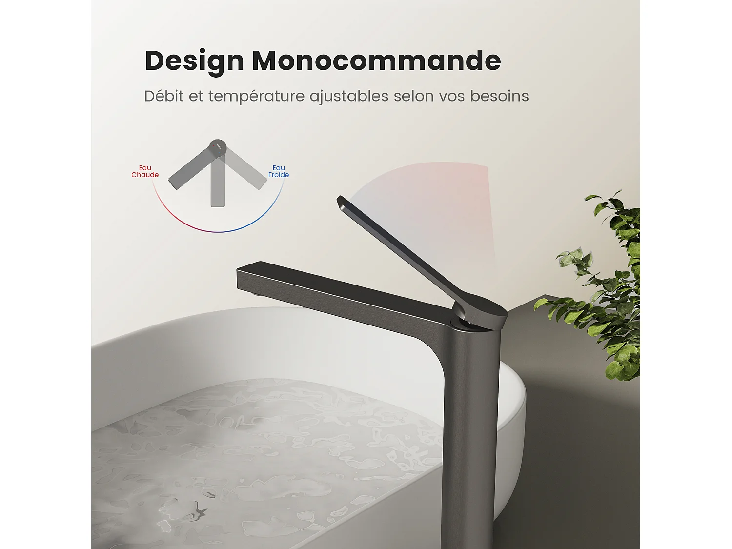 EMKE Mitigeur de lavabo haut salle de bain anthracite cartouche céramique laiton H.33,5 x L.23,3 cm