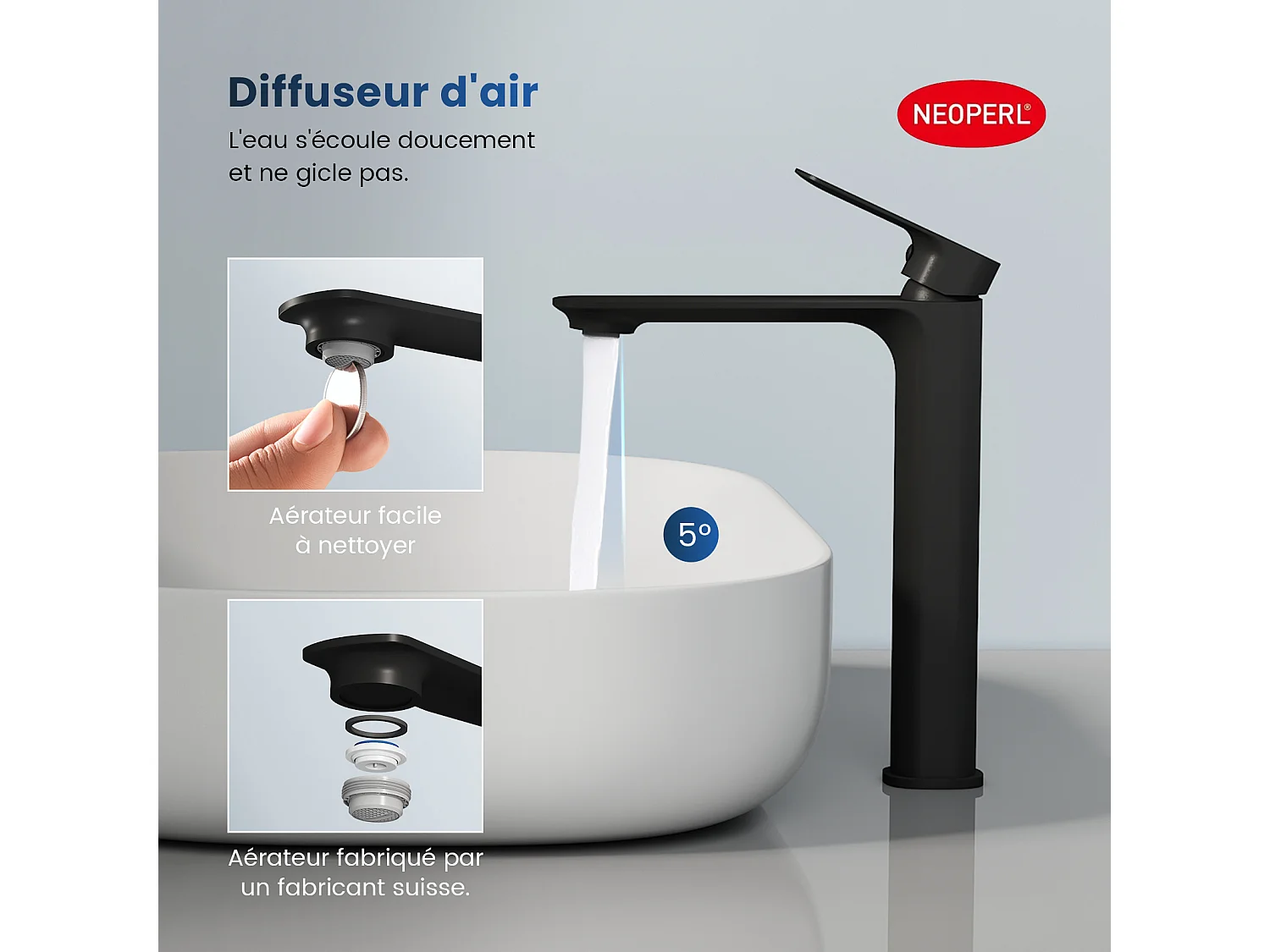 EMKE Robinet mitigeur de lavabo salle de bain design moderne noir mat en laiton L.21,5 x H.26,9 x P.4,9 cm
