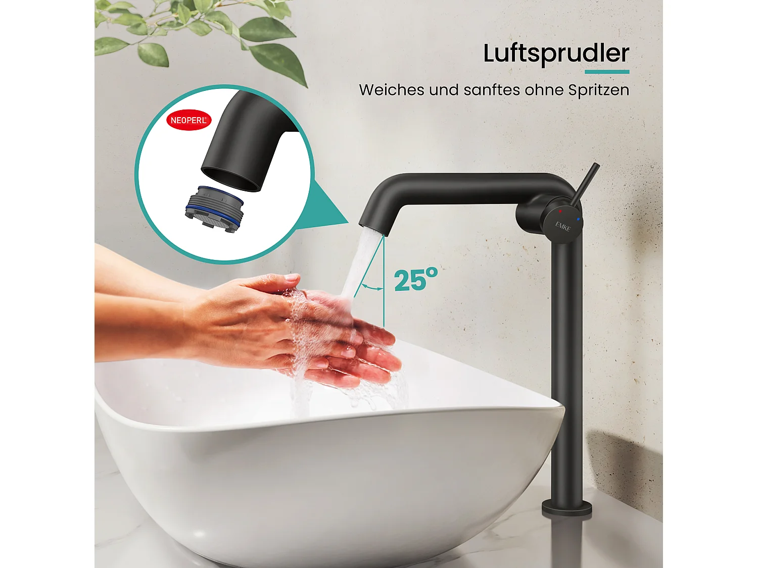 EMKE Mitigeur de lavabo haut design noir mat en laiton avec cartouche céramique H.33,2x22 cm