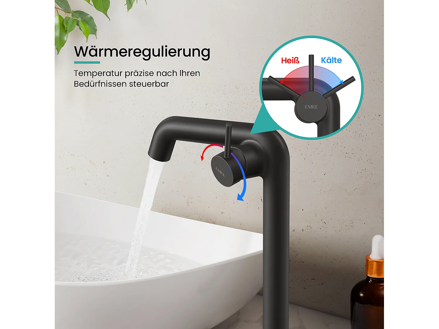 EMKE Mitigeur de lavabo haut design noir mat en laiton avec cartouche céramique H.33,2x22 cm