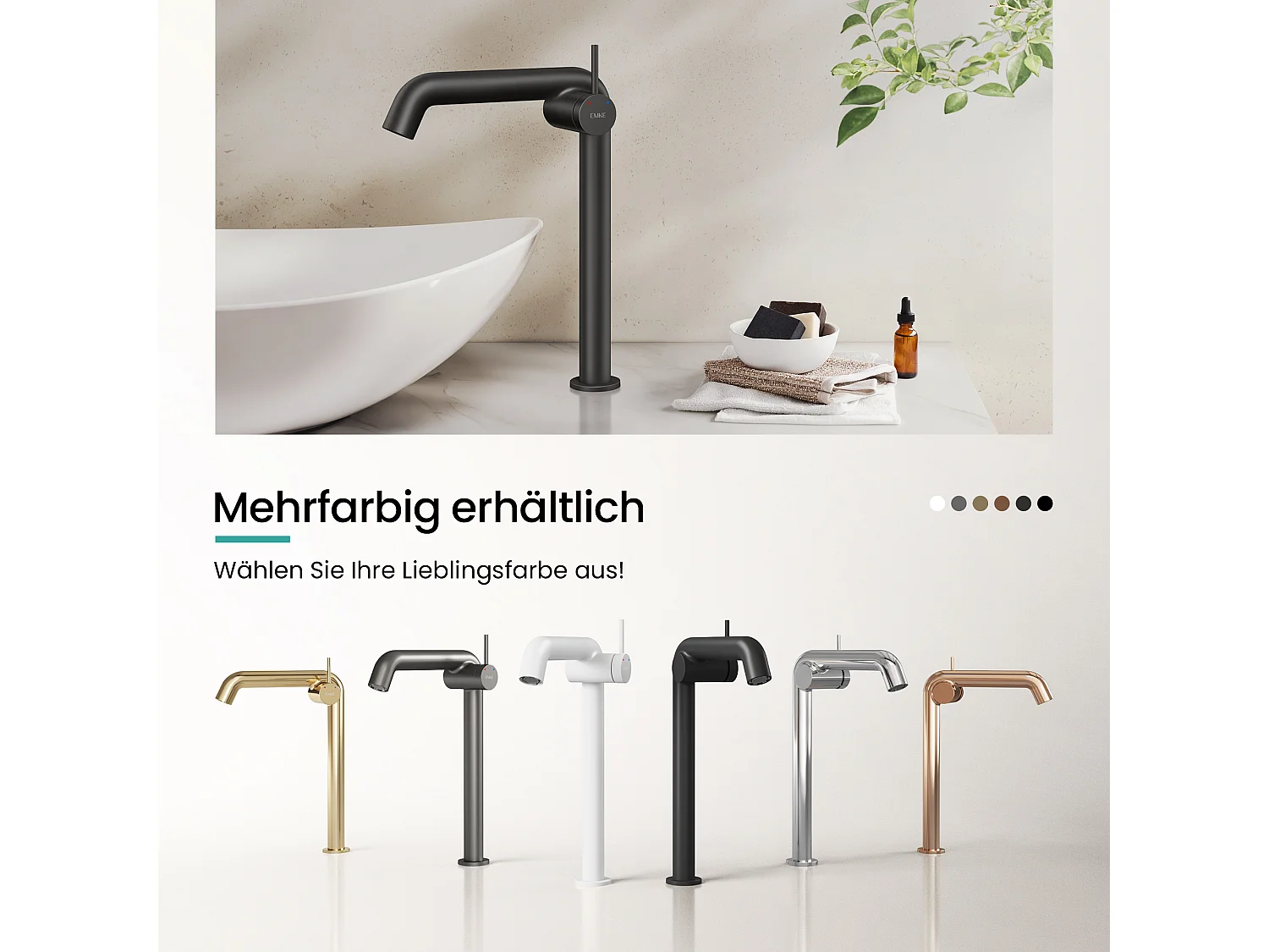 EMKE Mitigeur de lavabo haut design noir mat en laiton avec cartouche céramique H.33,2x22 cm