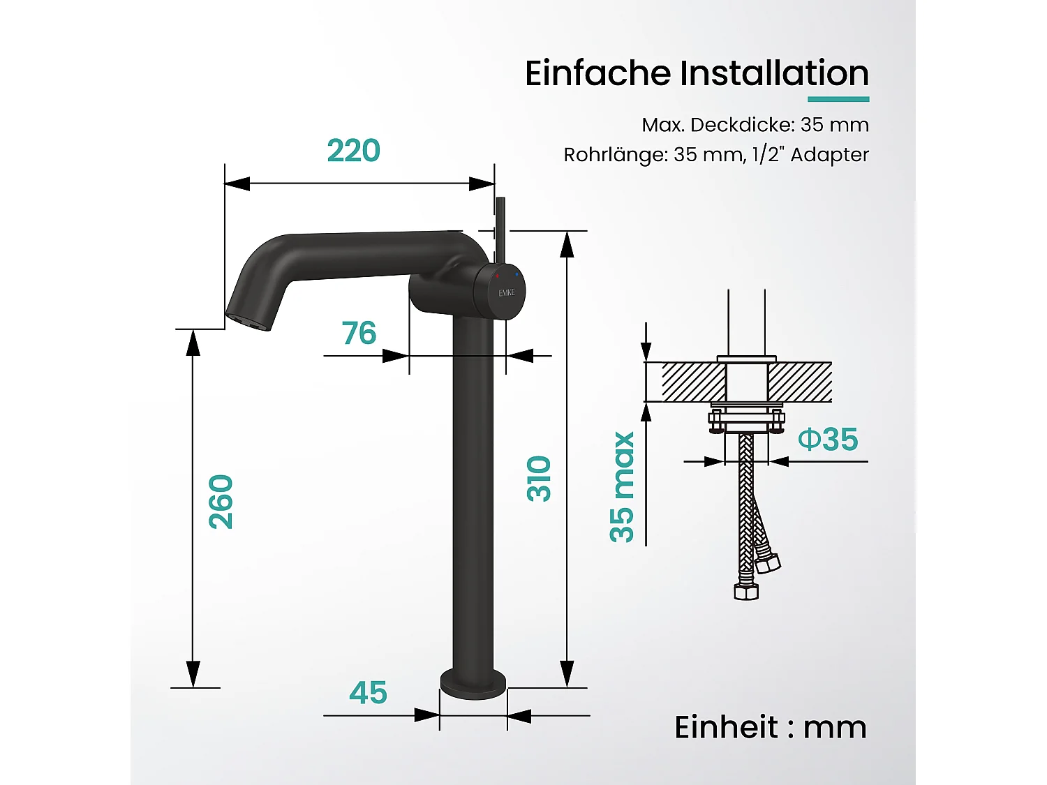 EMKE Mitigeur de lavabo haut design noir mat en laiton avec cartouche céramique H.33,2x22 cm