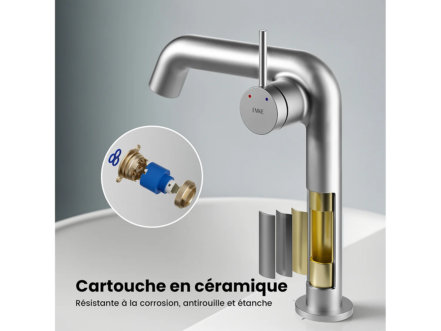 EMKE Mitigeur de lavabo design chromé en laiton avec cartouche céramique H.22,2x20 cm