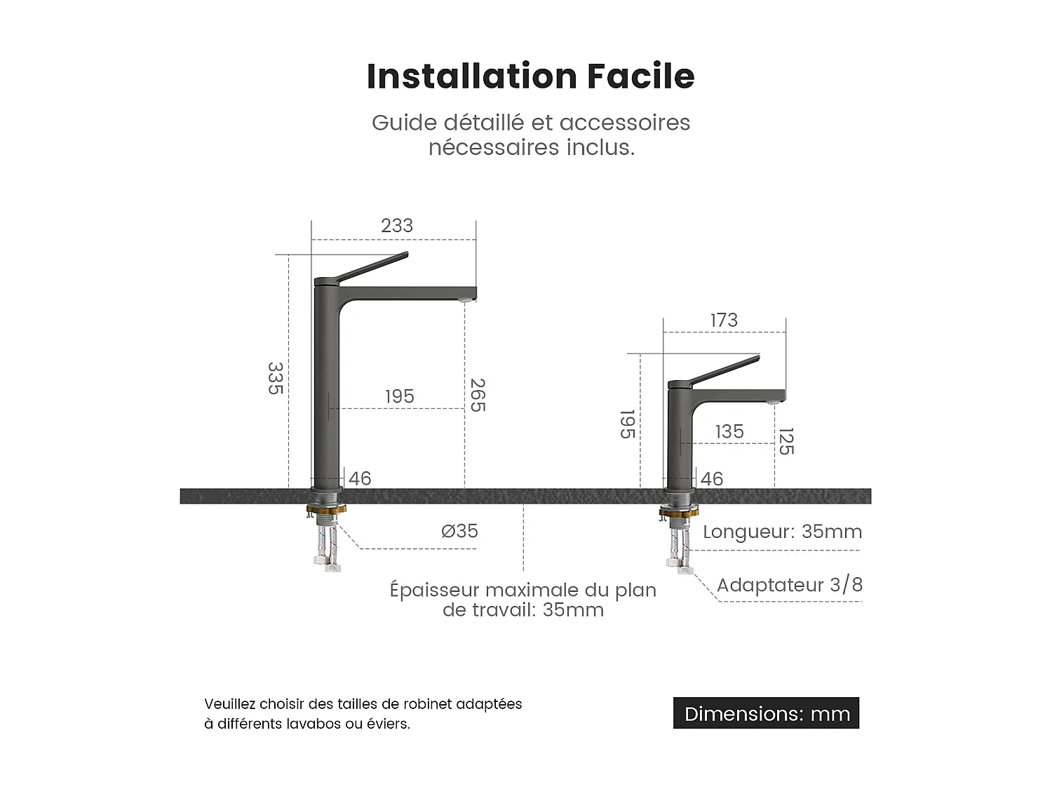 EMKE Mitigeur de lavabo salle de bain anthracite cartouche céramique laiton H.19,5 x L.17,3 cm