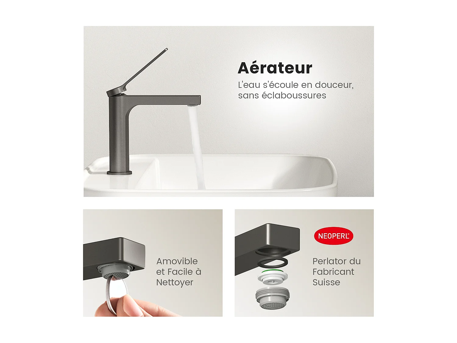 EMKE Mitigeur de lavabo salle de bain anthracite cartouche céramique laiton H.19,5 x L.17,3 cm