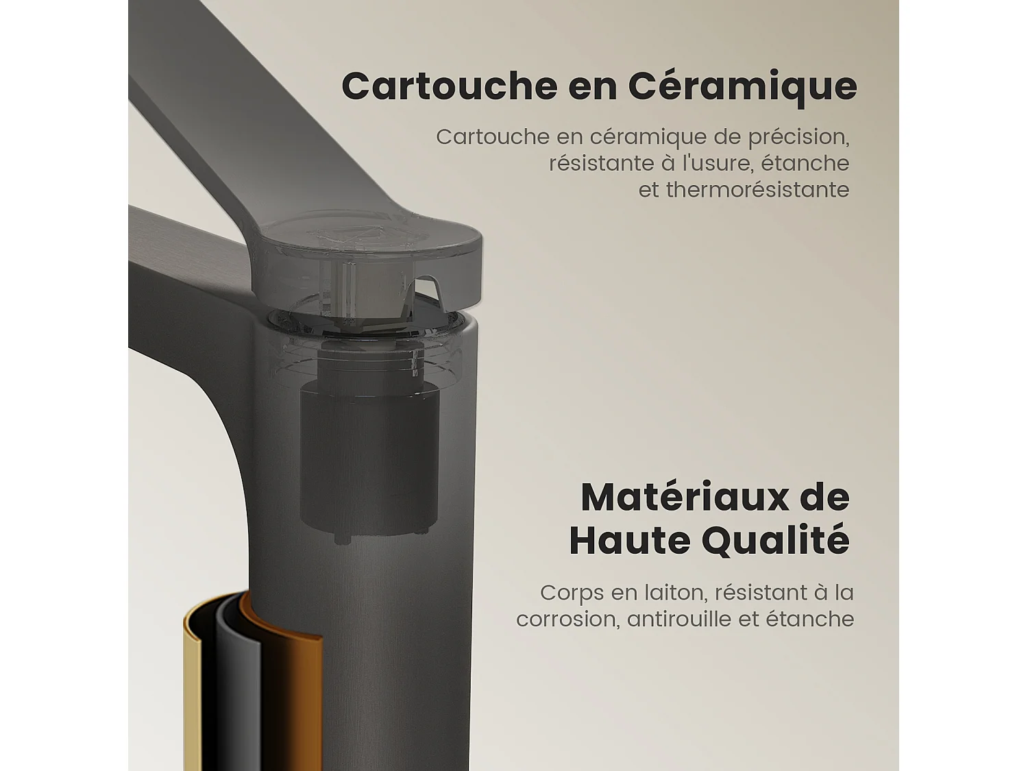 EMKE Mitigeur de lavabo salle de bain anthracite cartouche céramique laiton H.19,5 x L.17,3 cm